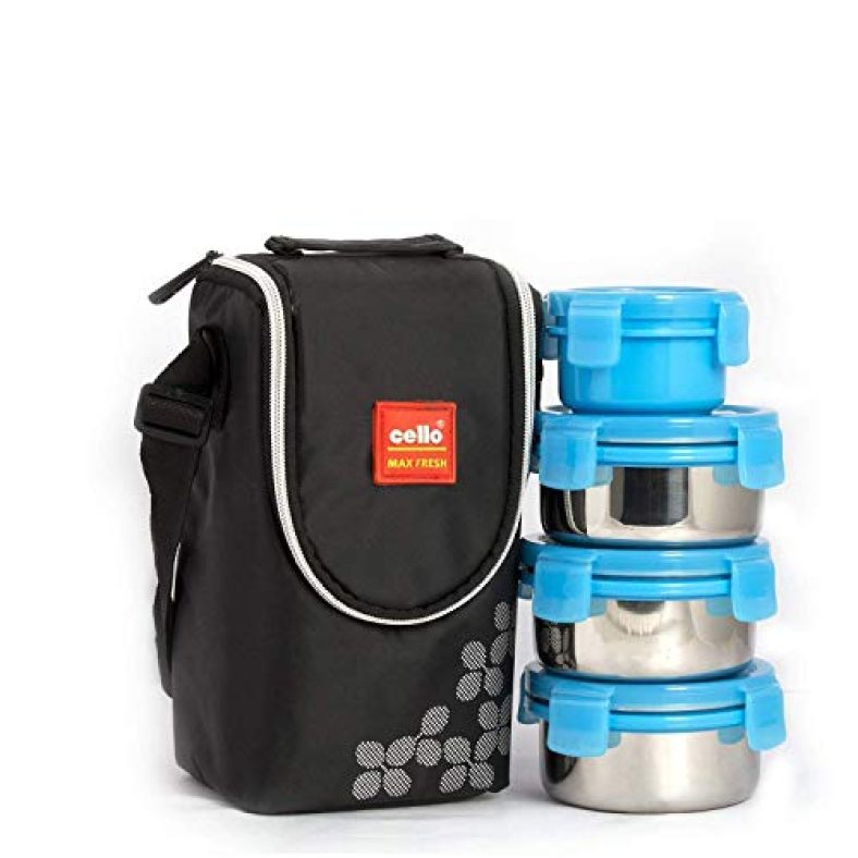 Cello Max Fresh Click Lunch Box Set With Bag, 4 Containers, 300 Ml, Blue Outer Plastic & Inner Stainless Steel Tiffin Box With Jacket Leakproof Lunch Boxes Easy To Clean Ideal For College, Office