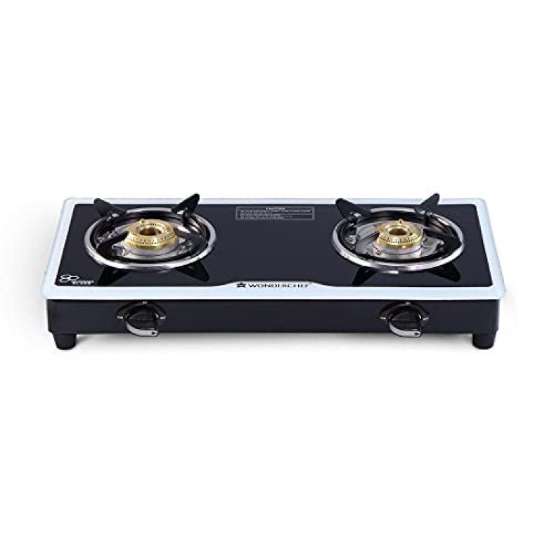 Wonderchef Platinum 2 Burner Glass Cooktop, Black 6Mm Toughened Glass With 1 Year Warranty, Ergonomic Knobs, Stainless Steel Drip Tray, Manual Ignition Gas Stove