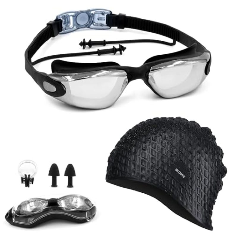 Slovic Black Swimming Goggles & Black Embossed Swimming Caps For Men & Women With Silicon Nose Bridge | Free Size Cap, Uv-Protected Anti-Fog Glasses, Push-Button Strap With Ear Plugs & Nose Clip