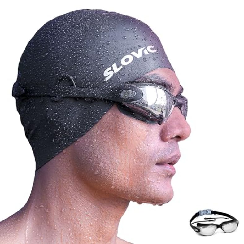 Slovic Black Swimming Goggles For Men & Women With Silicon Nose Bridge | Anti-Fog Glasses, Leak-Proof, Easy To Adjust Push-Button Straps With Ear Plugs & Nose Clip | Uv-Protected Swimming Goggle Kit