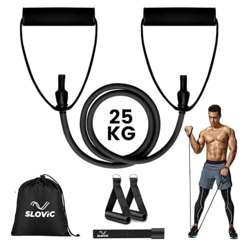 Slovic Resistance Tube (1 Year Warranty) With 30+ Exercise E-Guide & Foam Handle, Suitable For Home And Gym For Men And Women, Multipurpose Resistance Tube Band (Black = 25Kg)