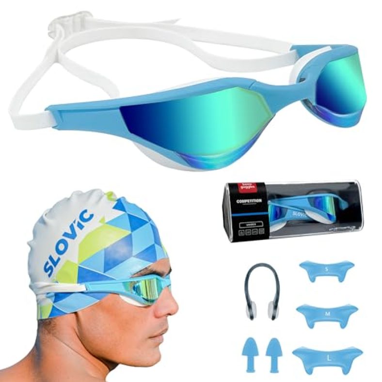 Slovic Sky-Blue Swimming Goggles For Men & Women With Detachable Silicon Nose Bridge | Anti-Fog Glasses, Leak-Proof, Adjustable Strap With Ear Plugs & Nose Clip | Uv-Protected Swimming Goggle Kit