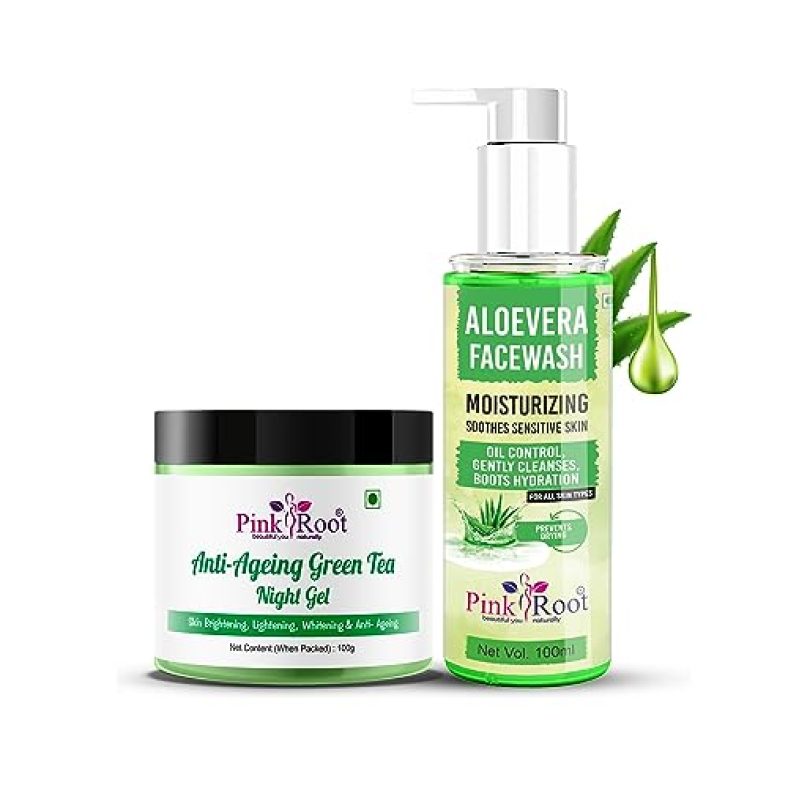 Pink Root Aloevera Facewash 100Ml & Green Tea Night Gel, 100Ml