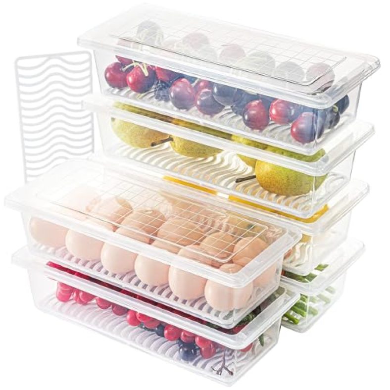 Qxore Vegetable Storage Box With Removable Drain Plate Stackable Freezer Storage Plastic Container Keep Fresh For Storing Fish Meat Vegetables Fruits(1500 Ml Transparent) (6)
