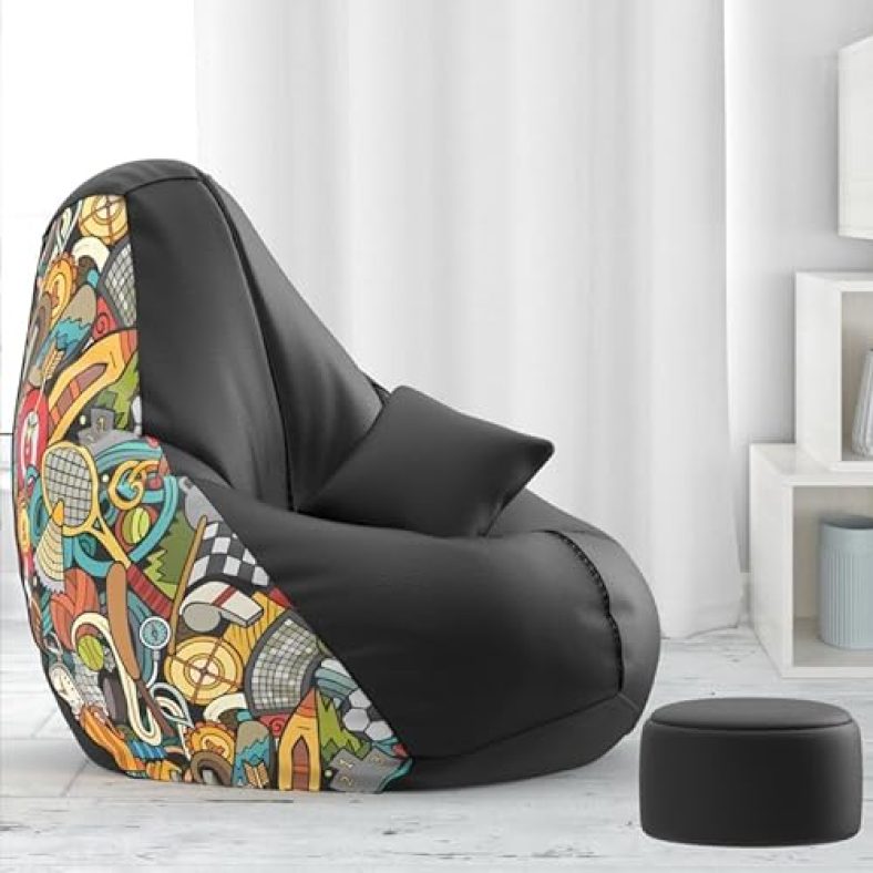 Comfybean Bag With Beans Filled 4Xl Bean Bag With Free Cushion And Footrest – Official : Customcoziness Combo (Matching Color : Printed, Sports – H – Black Green), Faux Leather