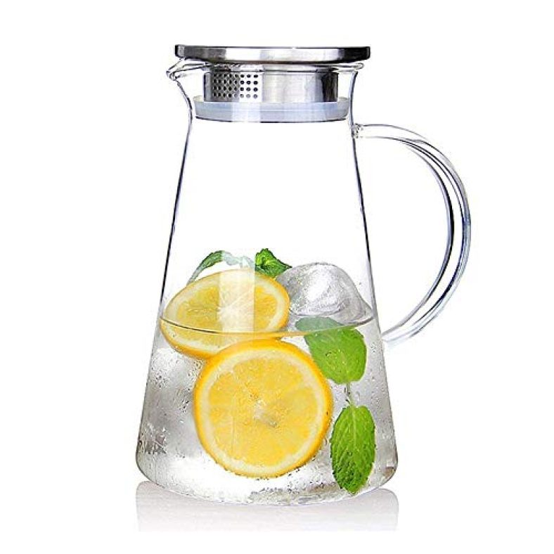 Jinelza Deli 1800 Ml Water Juice Jug Pot, Stainless Steel Air Tight Cap,Transparent Borosilicate Glass,Set Of 1 Pcs
