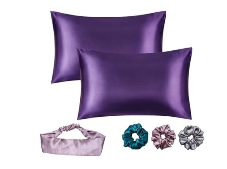 Armoxa Satin Silk Pillow Cover For Hair And Skin 2 Piece With 3 Piece Satin Silk Scrunchies| 1 Silk Hair Band Free |(Dark Purple)Solid, 600 Threads, 71.1 X 45.7 X 71.1 Centimeters