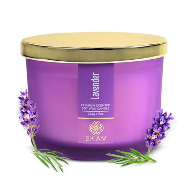 Ekam | 3 Wick Soy Wax Scented Candle | 35 Hours Burn Time | Long Lasting Premium Candles | Ideal For Home Décor, Gifting & Aromatherapy (Lavender)