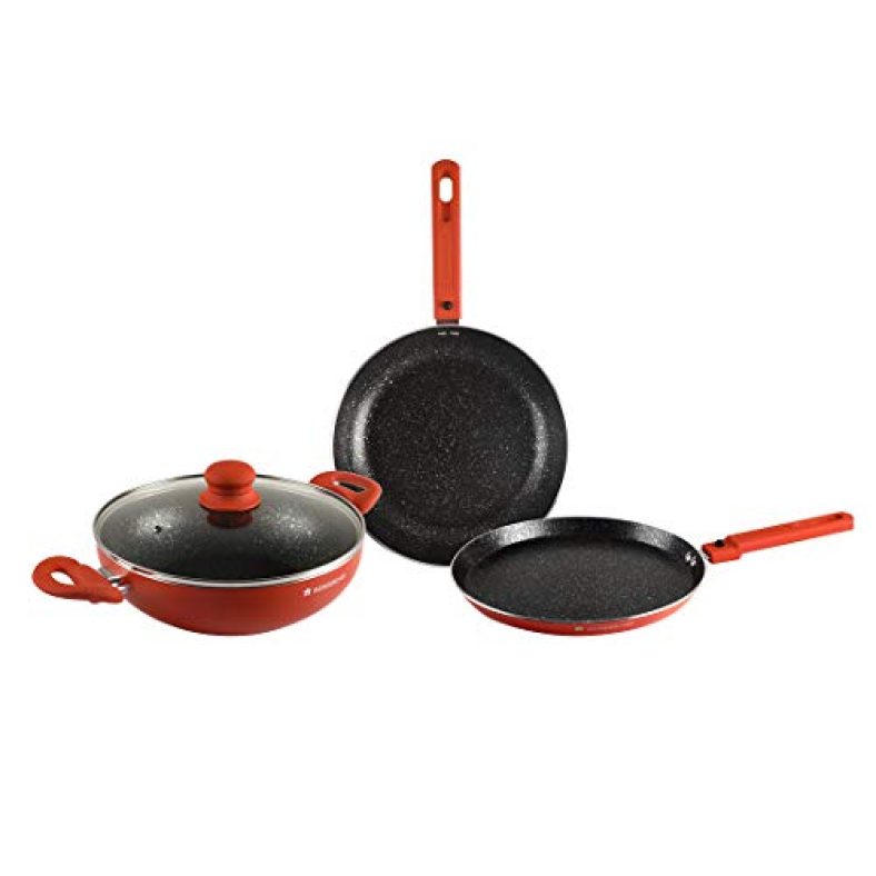 Wonderchef Power Non-Stick Cookware 4 Pc Set | Kadhai With Glass Lid 2.6L, Dosa Tawa 25Cm, Fry Pan 24Cm | Induction Bottom | Soft Touch Handles | Pure Grade Aluminium | Pfoa Free | 2 Year Warranty | Orange