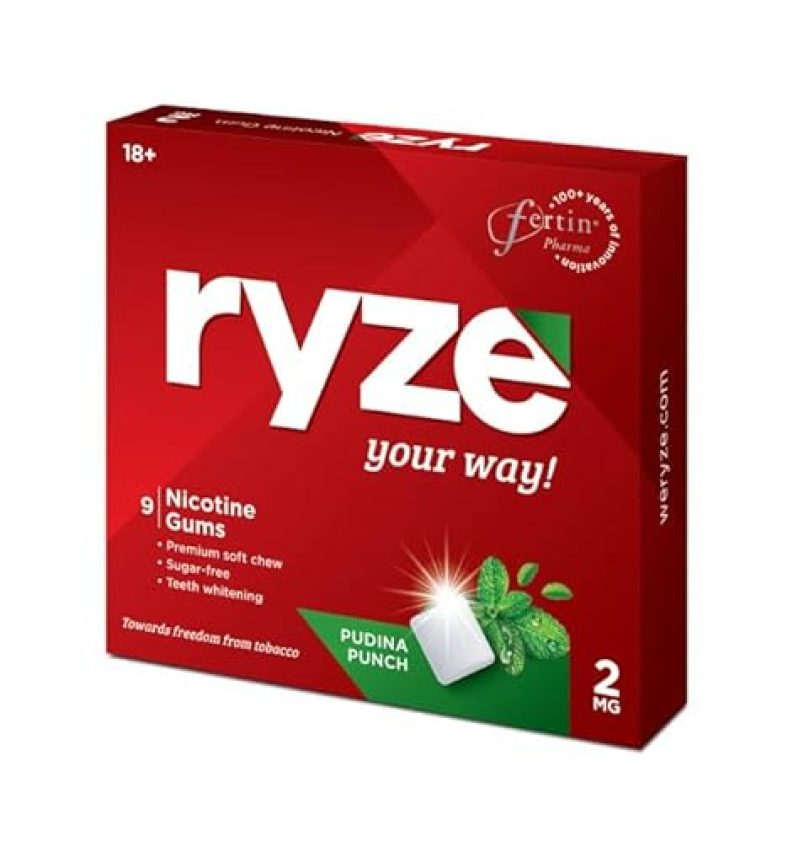 Ryze Nicotine Gum 2Mg | Pudina Punch | Soft Chew, Easy On Throat, Sugar Free | Quitting Smoking & Chewing | Smoking Cessation | 45 Gums (9 Gums Each Pack) | Combo Pack Of 5