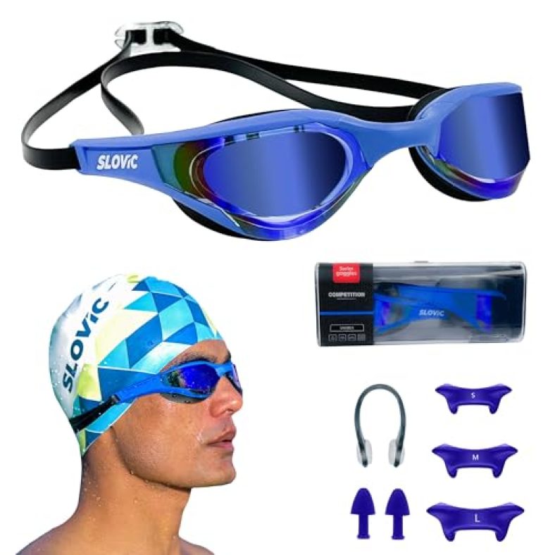 Slovic Dark-Blue Swimming Goggles For Men & Women With Detachable Silicon Nose Bridge | Anti-Fog Glasses, Leak-Proof, Adjustable Strap With Ear Plugs & Nose Clip | Uv-Protected Swimming Goggle Kit