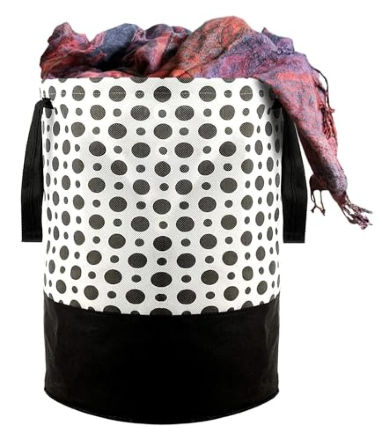 Perpetual Cloth Basket For Laundry – Waterproof Non Woven Cloth Bag For Storage Clothes, Flodable Laundry Basket Bag With Handle 45 Liter(Polka), White, 15 Cm, 30 Cm