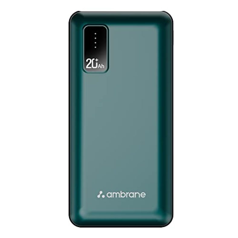 Ambrane 20000Mah Power Bank With 10.5W Fast Charging, Dual Usb Output, Made In India, Multi-Layer Protection, Wide Compatibility, Stylish & Compact Design + Free Type-C Cable (Capsule 20, Green)