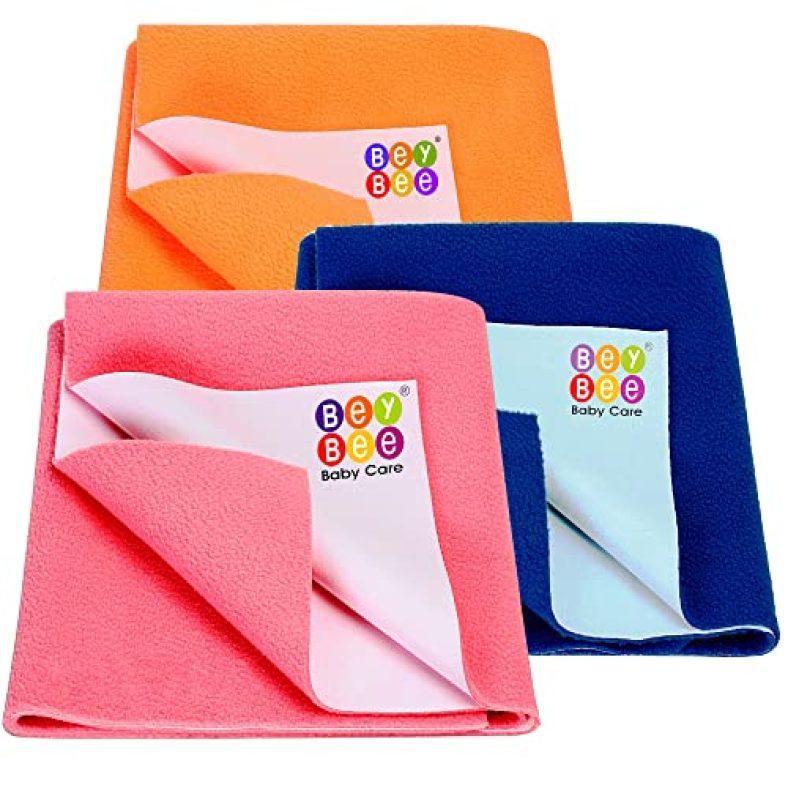 Beybee Non-Toxic Quick Dry Sheet For New Born Baby|Anti-Piling Soft Fleece Bed Protector|Waterproof Extra Absorbent Mattress Protector For Infant (Salmon Rose+Royal Blue+Peach, Small, Pack Of 3)