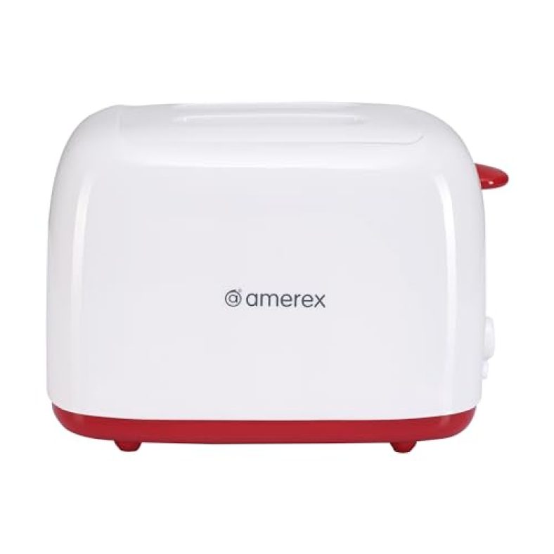 Amerex 700W Krispy 2 Slice Pop-Up Toaster | 2 Slice Slots, Auto Pop-Up, Dust Lid, Cord Wrap Storage, Removable Crumb Tray, Food Grade Heating Element | White Electric Toaster