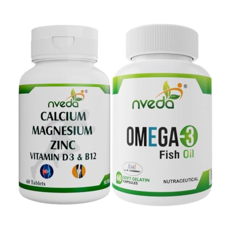 Nveda Omega 3 Capsule For Men And Women, Fish Oil 60 Capsules With Calcium, Magnesium, Zinc, Vitamin D & B12 For Healthy Heart, Eyes, Brain, Immunity, Bone & Joint Support, 60 Tablets (Combo Pack)