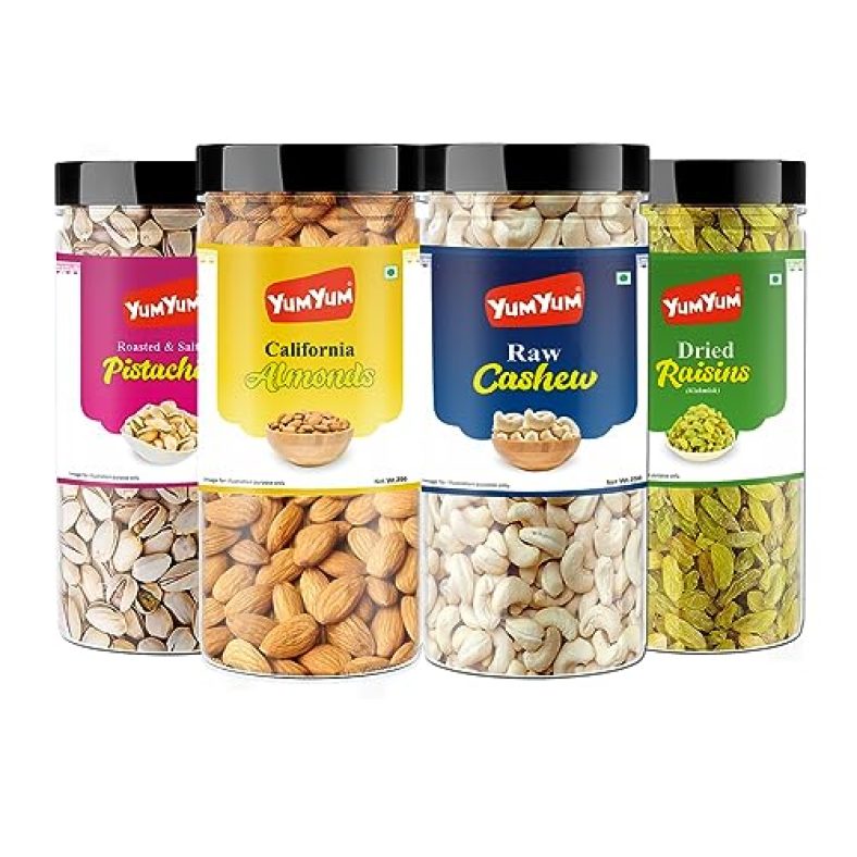 YUM YUM Premium Daily Needs Fresh and Healthy Dry Fruits Combo Pack 1Kg (Almonds 250g, Cashews 250g, Pistachios 250g & Kishmish Raisins 250g) Jar Each