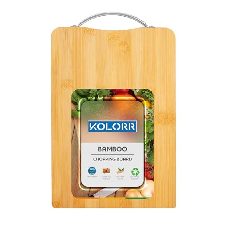 Kolorr Chopping Board For Kitchen/Bamboo Wooden Cutting Board With Metal Handle For Vegetable Fruit Cheese – Slice Mate -(Small Size)
