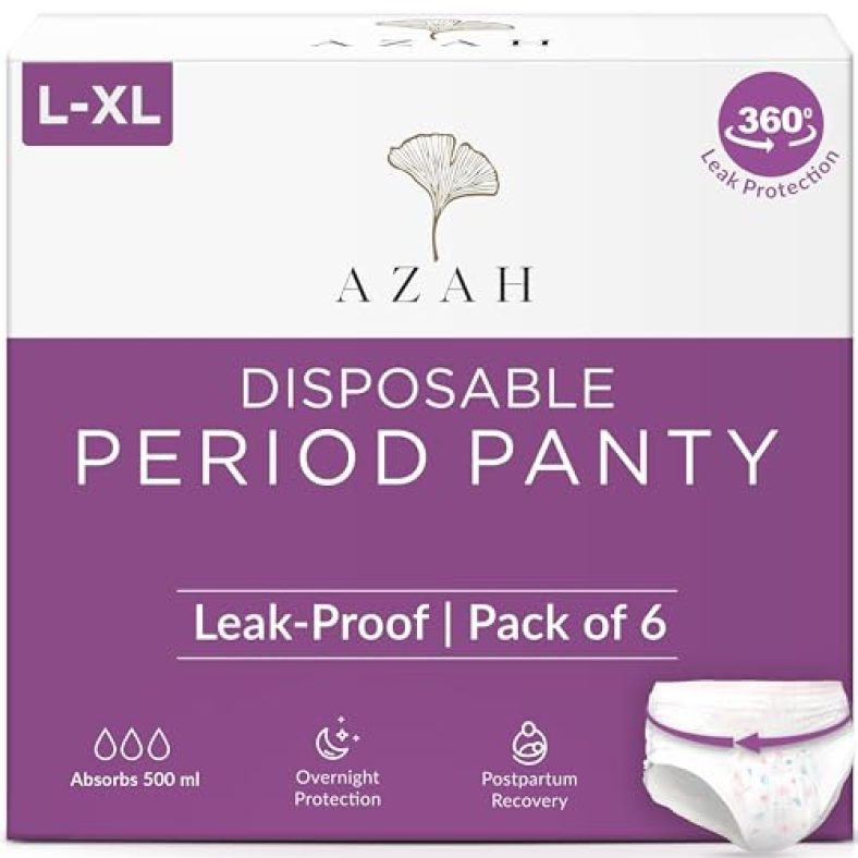Azah Period Panties For Women Leak Proof (Pack Of 6) 500Ml Absorbent Disposable Panties After Delivery And Night Period Panties With 360° Leak-Proof Technology | L-Xl