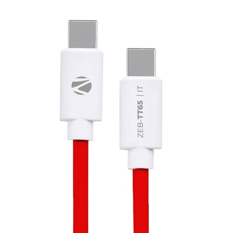 Zebronics Tt65 Type C Charging Cable, Pd 65W Max, For Laptop | Smartphone | Tablet, 3.25A Max, Rapid Charge Support, 1 Meter Length, Data Transfer, 15000+ Bends Tested(Red+White)