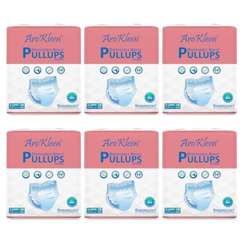Arokleen Premium Adult Pull-Up Diaper Pants Extra Large Size, 60 Count | Waist Size 96-165 Cm | 38″-65″ Inches | Unisex | High Absorbency | Leak-Proof Protection Pack Of 6