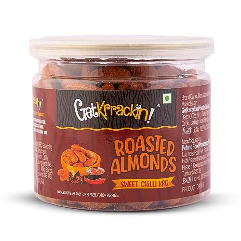 Getkrrackin! Sweet Chilli Bbq Roasted Almonds – 200G Pet Jar | Zero Oil, Not Fried | Healthy Nuts | Roasted, Flavorful & Fiber-Rich! | Anytime Indulgence| Perfect For Workouts