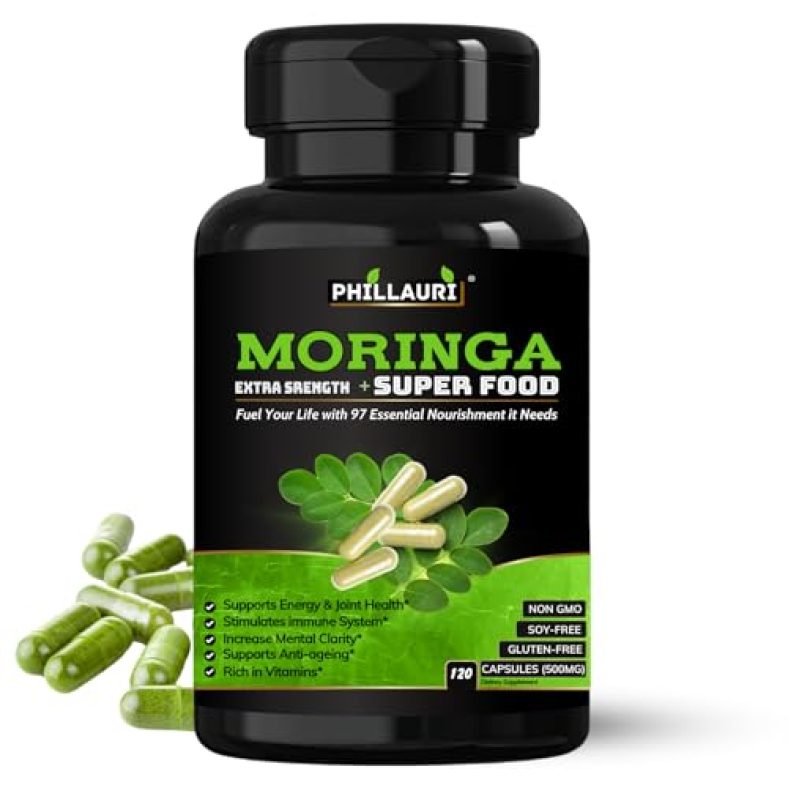 Phillauri Organic Moringa Powder Capsules: Nutrient-Rich Himalayan Leaf Supplement, 120 Count Moringa Capsule Moringa Leaves Derived From Pure Moringa Powder Organic