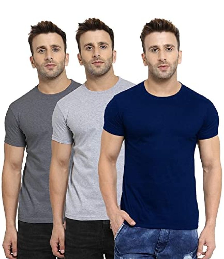 Scott International Men’S Regular Fit T-Shirt – Cotton Blend, Half Sleeve, Round Neck, Stylish, Solid Plain T-Shirts For Men, Mens T Shirt – Pack Of 3(Navy Blue,Charcoal & Grey, Small)