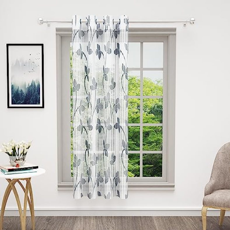 Bedspun Sheer Window Curtains Home Curtains For Living Room Window Curtains For Home 5 Feet |Leaf| Grey & White |Polyester, Pack Of 1