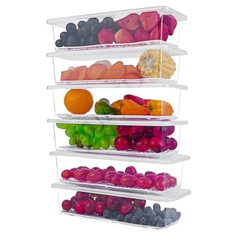 Elmvia Kitchen Fridge Storage Boxes, Fridge Organizer With Removable Drain Plate Fridge Storage Containers Keeps Fruits, Vegetables, Meat, Fish, Plastic (400,700,1200,1500Ml) (6-Pcs (1500Ml))