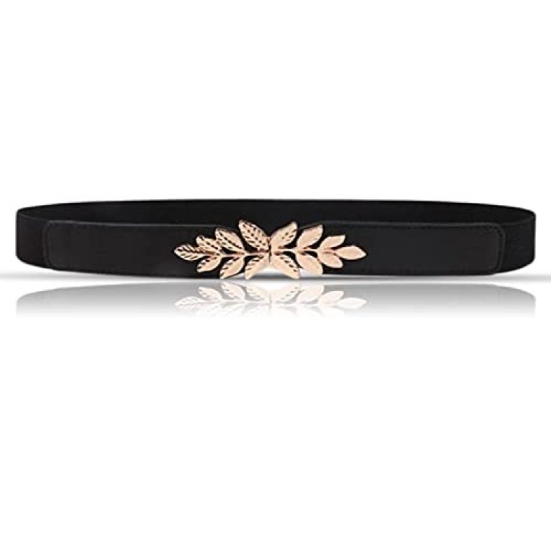 Redhorns Elastic Fabric Waist Belt For Women Dresses Leaf Design Stretchy Slim Ladies Belt For Saree Girls Jeans – Free Size (Ld22Bk_Black)