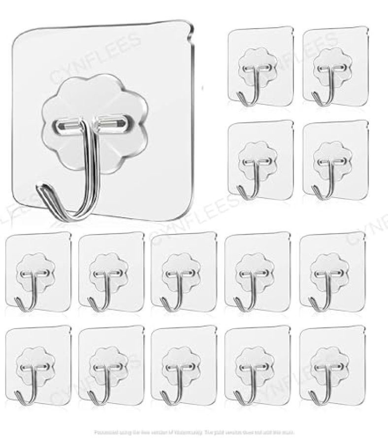 Cynflees Self Adhesive Wall Hooks (Pack Of 15 Pcs) Plastic Heavy Duty Hooks For Hanging 10Kg (Max) Magic Stickers Hooks Seamless Transparent Adhesive Hook (Flower Hook)