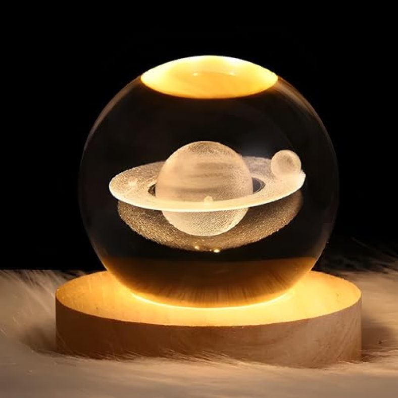 Bitsy Bloom 3D Crystal Ball Lamp | Night Light With Wooden Base | Galaxy Models | Perfect Bedroom Decor & Ideal Birthday Gift For Teens (Saturn)