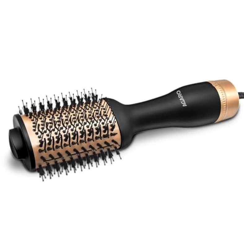 Agaro Hv2179 1200 Watts Professional Volumizer Hair Dryer, 24K Gold Styling Surface, Activated Charcoal Bristles, Ceramic Tourmaline Coating Brush Head, One Step Styler, Hot Air Blow Brush For Women