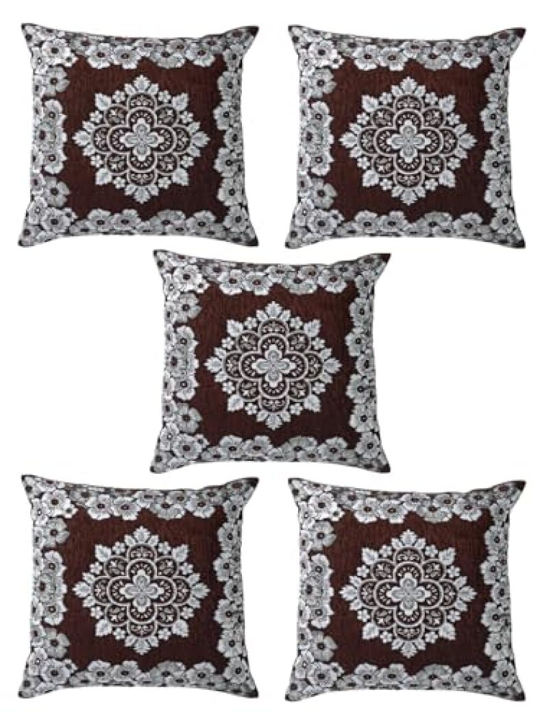 Romee Designer Floral Print Brown Polyester Chenille Cushion/Pillow Covers For Sofa Pack Of 5 (16 X 16 Inches)