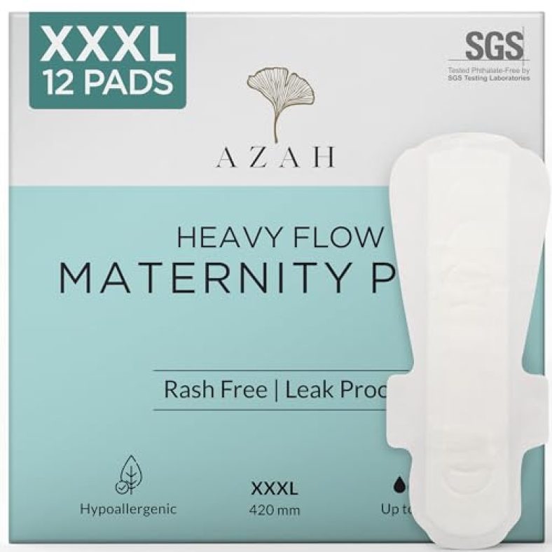 Azah Maternity Pads After Delivery For Women (Box Of 12 Pads) Ultra-Absorbent Xxxl Pads | Organic Cotton Maternity Pads Made For Heavy Flow, Postpartum Flow & Overnight Flow | Without Disposable Bags