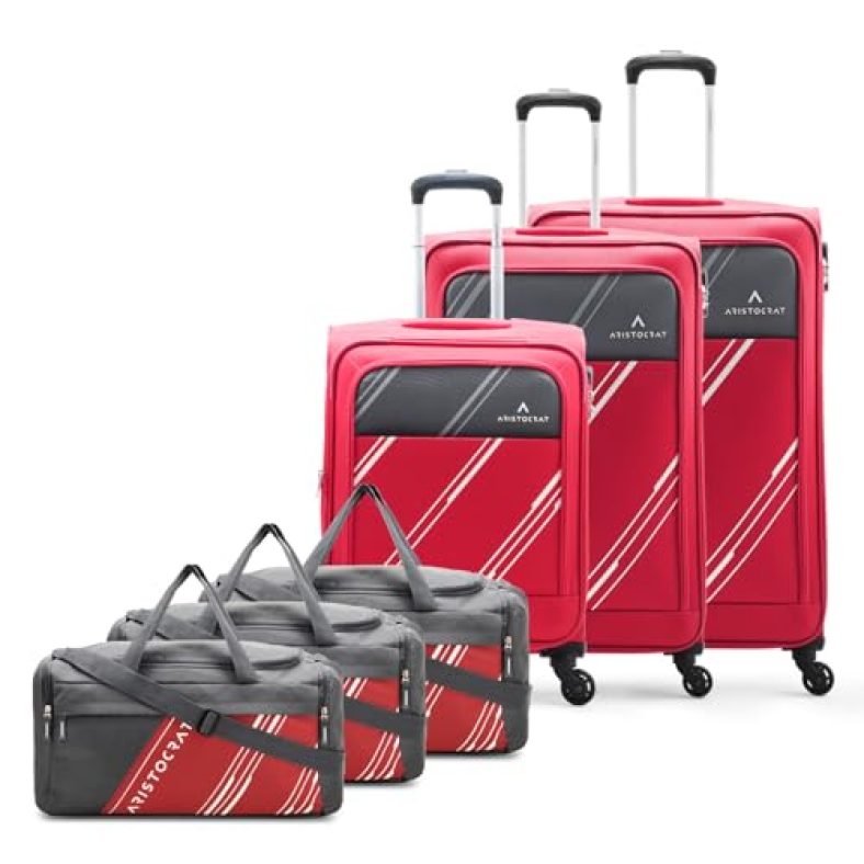 Aristocrat Trigon Hexa Set Of 3 Cabin-55Cm (Small) + Check-In-69Cm (Medium) + Check-In-79Cm (Large) & 3 Duffles (Small-52Cm) For Travel | 5 Years International Warranty (Red)