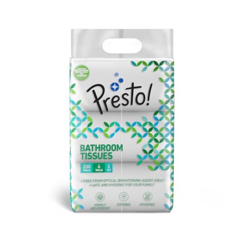 Amazon Brand Presto! 2 Ply Toilet Tissue Paper 1380 Pulls| 230 Pulls X 6 Packs |100% Natural Virgin Cellulose Fiber