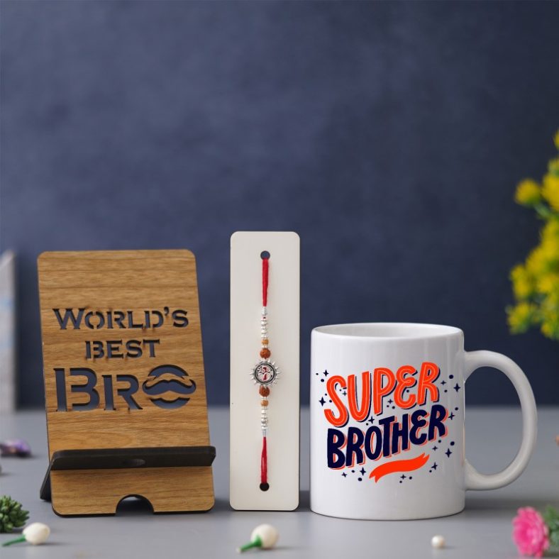 Rakhi Nation Thread Hm1-Mug-10-F5 Assorted Rakhi, Mug, Mobile Stand  Set(1 Rakhi, Mug, Mobile Stand, Roli & Chawal, Greeting Card)