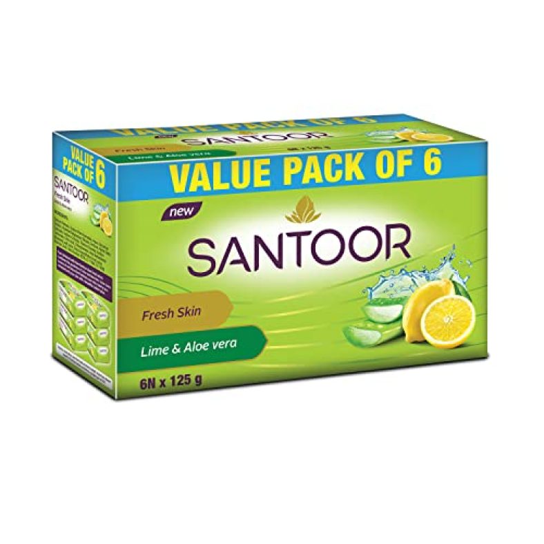 Santoor Fresh Skin Aloe Vera & Lime Bathing Soap With Nourishing & Anti-Aging Properties| For Smooth & Soft And Younger-Looking Skin| For All Skin Types| 125G, Pack Of 6