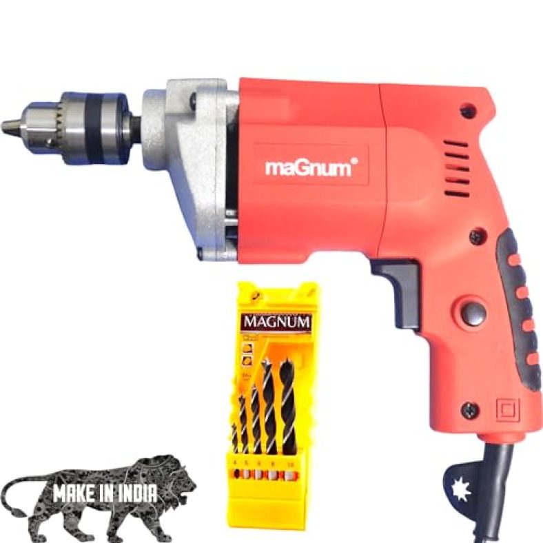 Magnum Electric Drill Machine Med-010A Pro 5 Bits, 500W, Full Copper Motor, 2800 Rpm, Wood & Metal Works, 10 Millimeters Chuck Size 500-Watt Pistol Grip Drill Machine For Home (Med-010A Pro 5 Bits)