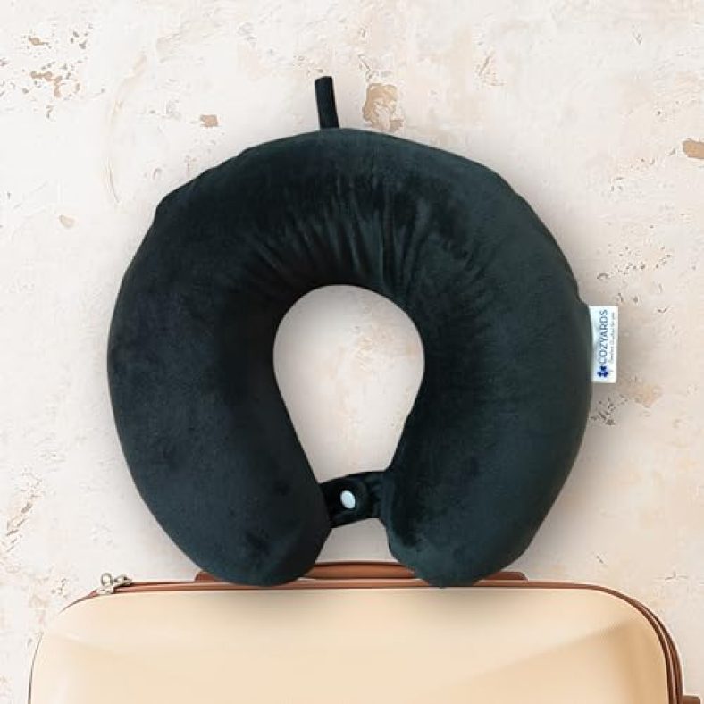 Cozyards Memory Foam Neck Pillow, Travel Pillow Provides Neck Support To Prevent Neck Pain, For Flight, Train, Bus Or Car Rides – Black