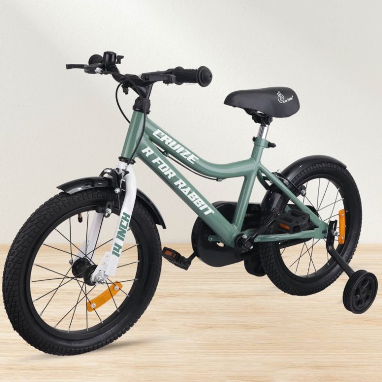 R For Rabbit Cruize Bicycle For Kids 14” For 3-5 Years | Training Wheels| 90% Assembled 10 T Road Cycle(Single Speed, Green, Front Rigid & Rear Suspension)