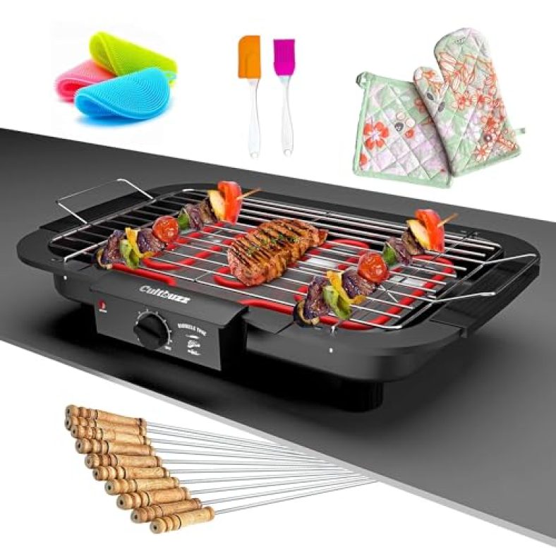 Cultbuzz Electric Barbecue Grill Smokeless Portable Adjustable Temperature Control 2000 Watt Indoor And Outdoor Water Filled Drip Tray Removable (Bbq Gloves Scrubber Oil Brush), Free Standing