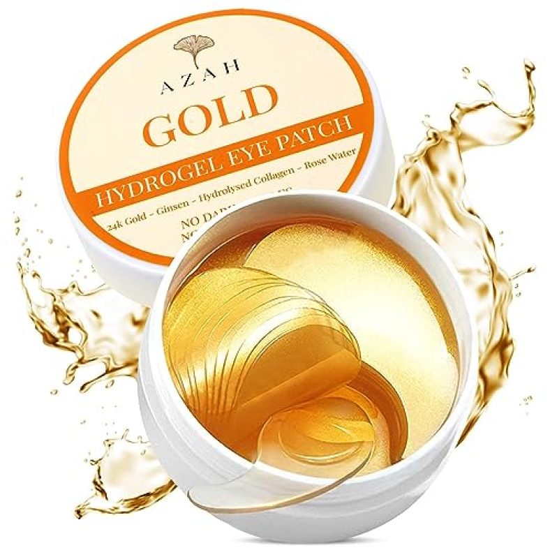 Azah Under Eye Patches For Dark Circles With 24K Nano Gold | Pack Of 60 Eye Cooling Gel Pads | Hydrogel Eye Patch Mask With Collagen For Relaxing Eyes, Reducing Puffiness & Wrinkles