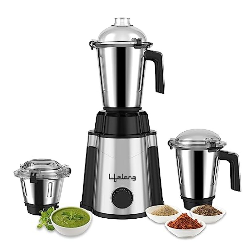Lifelong 1200 Watts Mixer Grinder Power Plus With 3 Jars (Liquidizing, Wet Grinding And Chutney Jar), Stainless Steel Blades, 1 Year Manufacturer’S Warranty (Black, Llmg210)