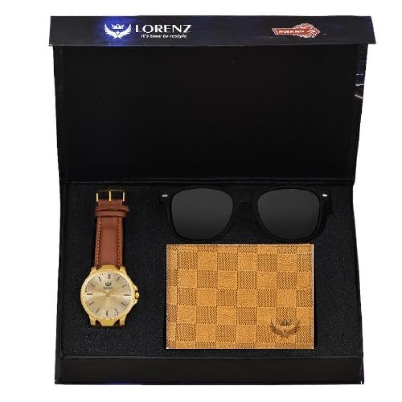 Lorenz Leather Gift Combo Box Of Men’S Golden Dial Analog Watch, Brown Wallet & Wayfarer Sunglasses | Cm-305Sn1-Wl-38, Dial_Assorted, Band_Silver
