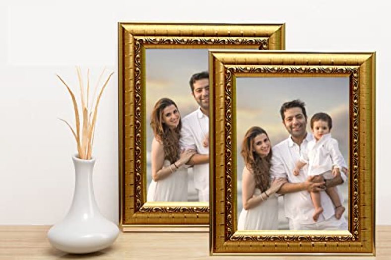 Kdm Home Decor Photo Frame 4X6 Inch Set Of 2 Flexible Glass & Synthetic Wood Hanging/Table Top Rectangular Photo Frame For Wall Decoration Golden Color With Stand