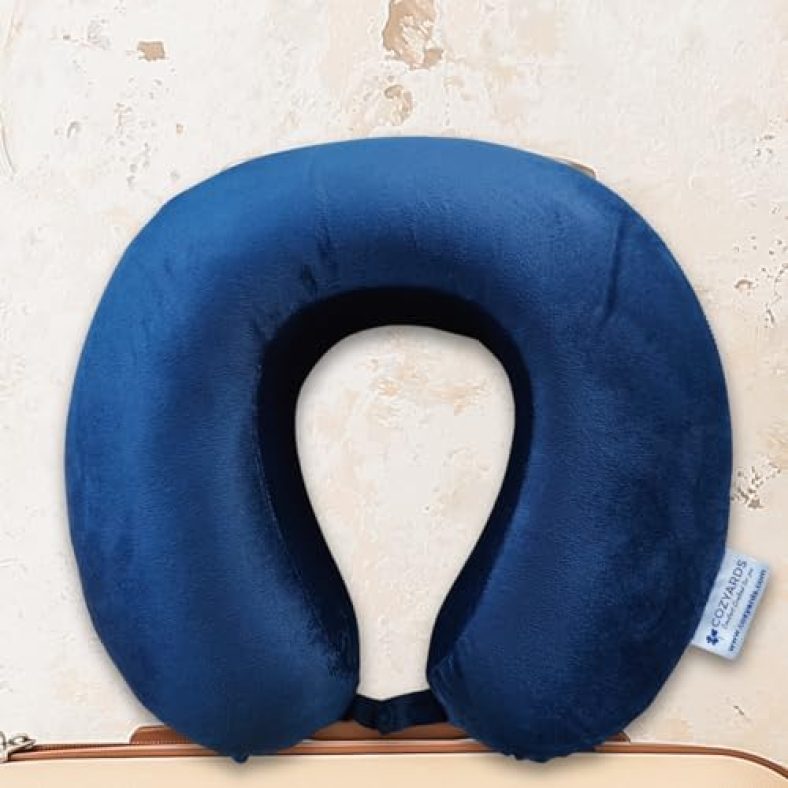 Cozyards Neck Pillow Memory Foam For Travel, 1 Year Brand Warranty, Premium Velvet Cover For Superior Comfort & Neck Support, For Flight, Train, Bus, Car Rides Or Home Use – Sapphire Blue