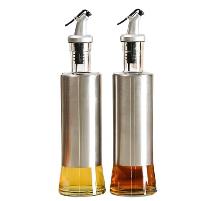 Jirly Glass Oil Dispenser With Steel Cover Seasoning Bottle Glass Oil Bottle Leakproof Oiler Tank Household Stainless Steel Condiment Dispenser Steel 500Ml Pack Of 2